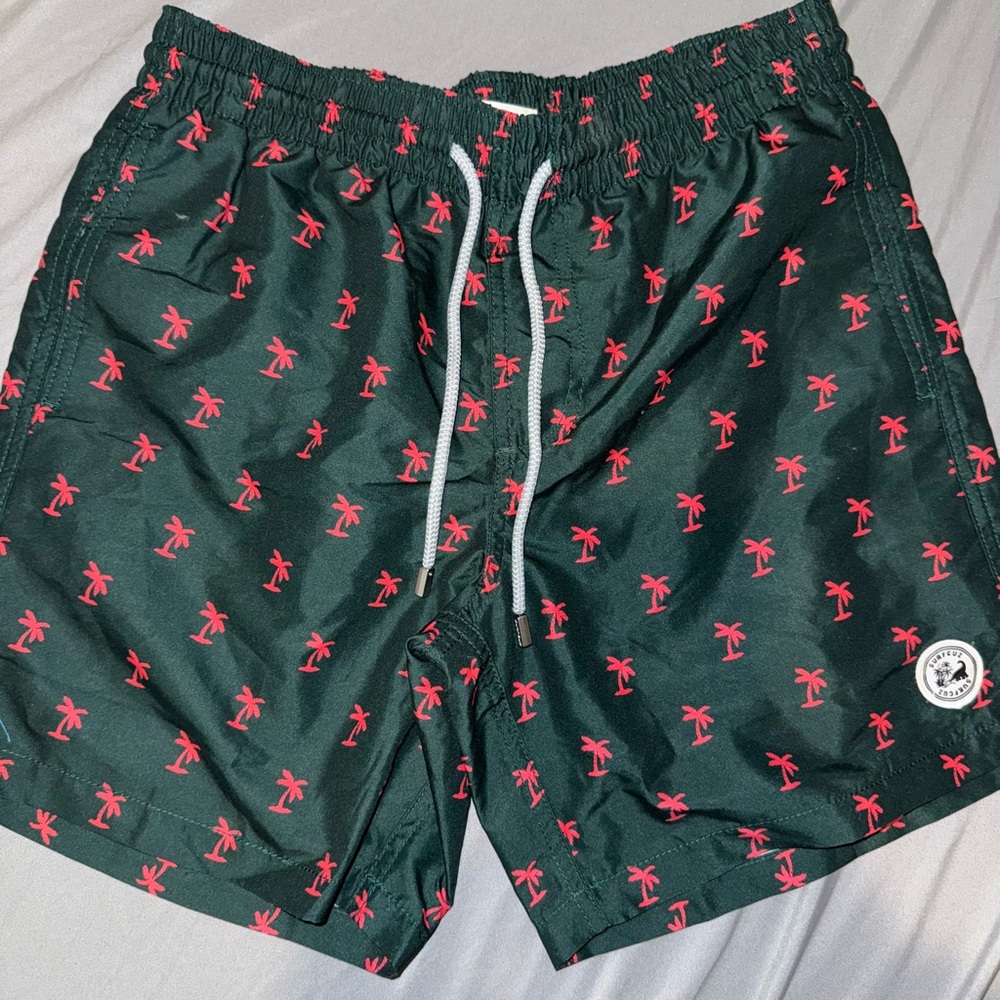 Men's Hunter Green Swim Shorts with Palm Tree Print